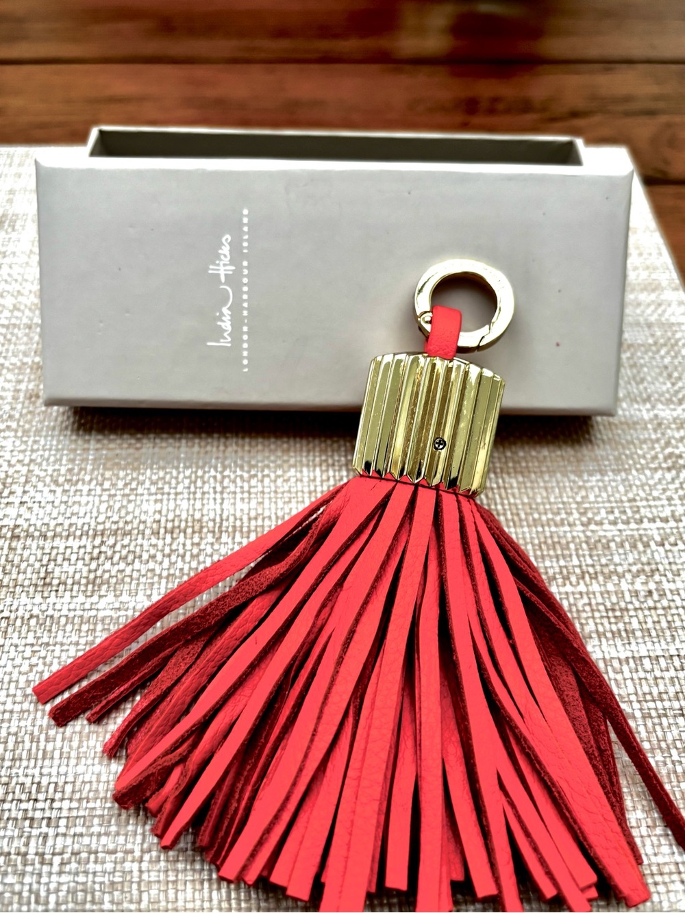 India Hicks “Agra” Bag Tassel //Coral-Red Leather with Gold Embossed Hardware